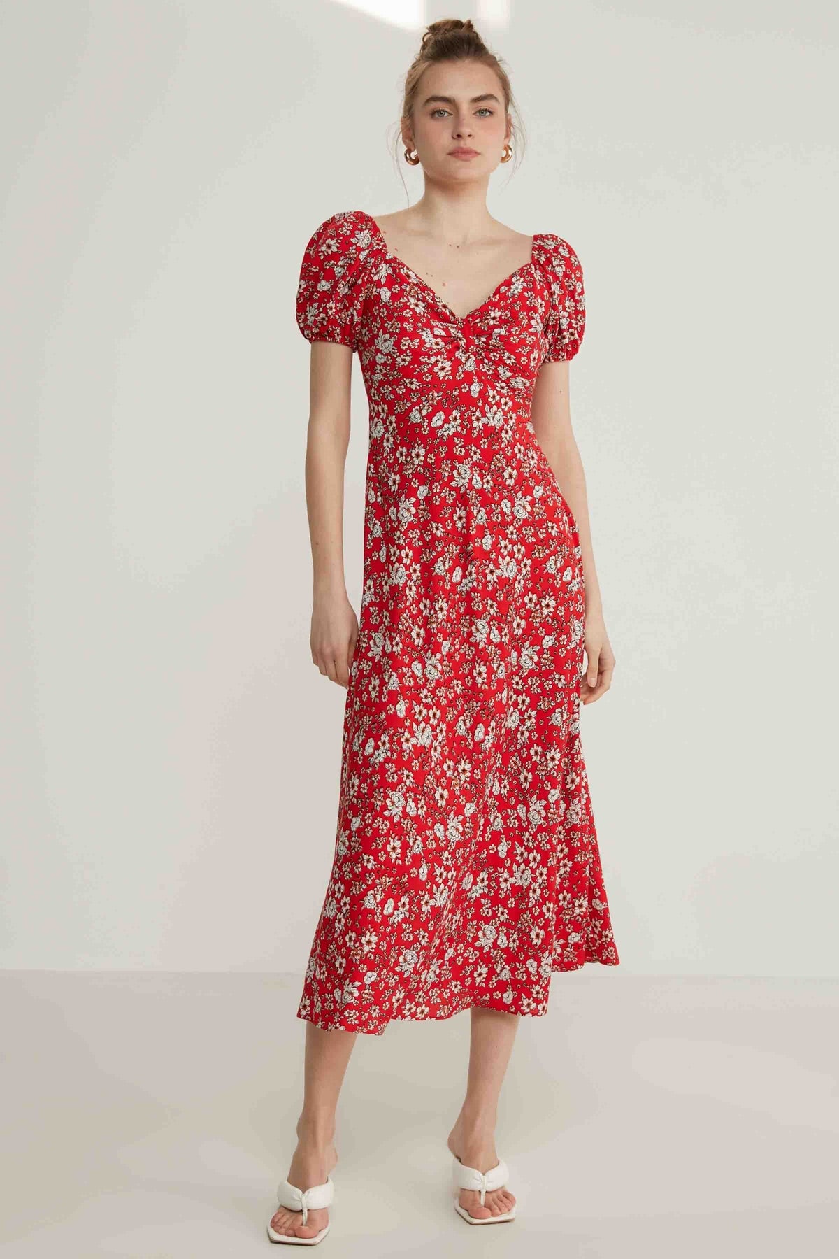 VISCOSE LOOSE SLEEVE FLOWER PATTERN DRESS