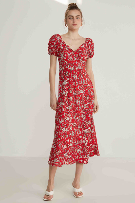 VISCOSE LOOSE SLEEVE FLOWER PATTERN DRESS