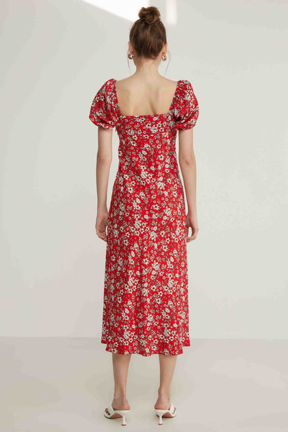 VISCOSE LOOSE SLEEVE FLOWER PATTERN DRESS