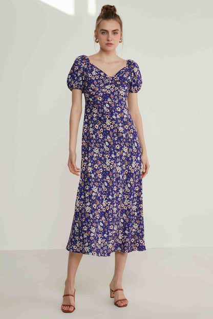 VISCOSE LOOSE SLEEVE FLOWER PATTERN DRESS
