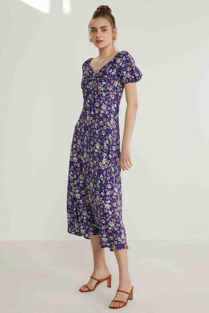 VISCOSE LOOSE SLEEVE FLOWER PATTERN DRESS