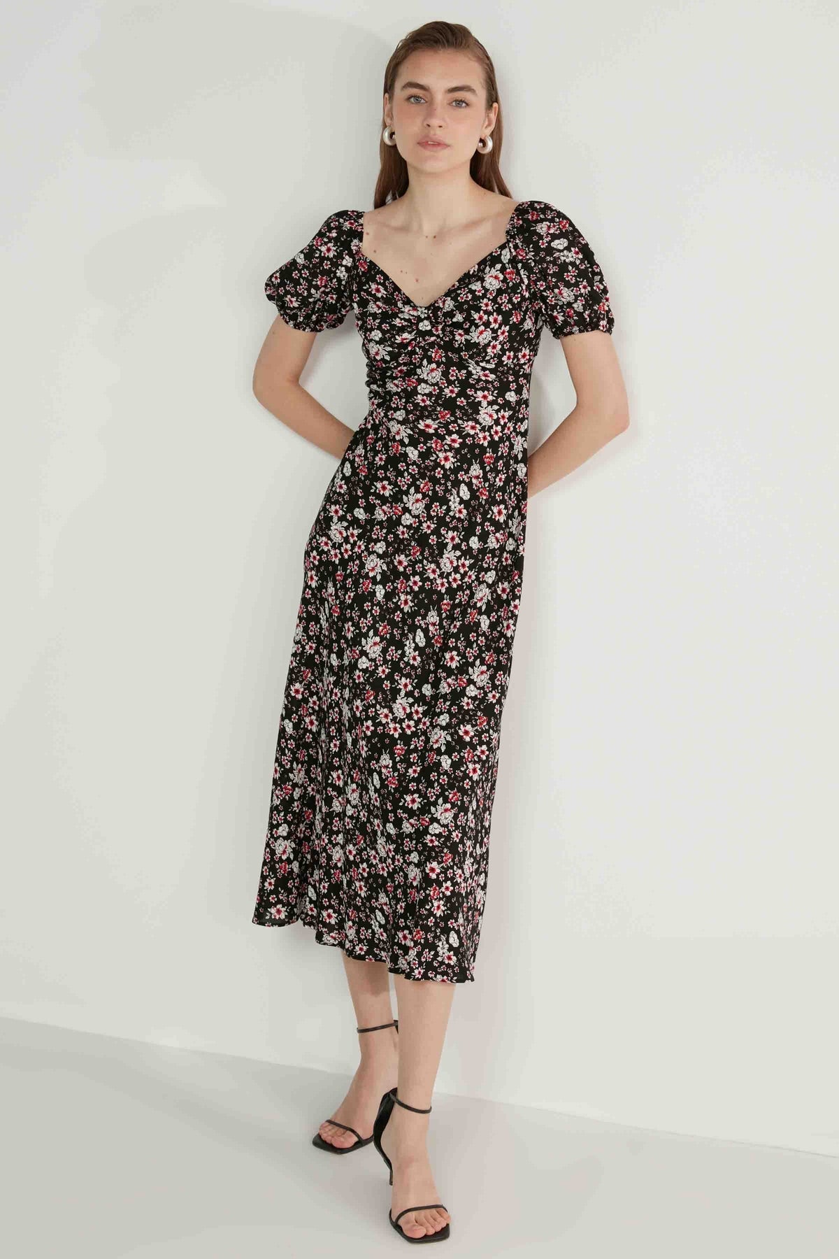 VISCOSE LOOSE SLEEVE FLOWER PATTERN DRESS