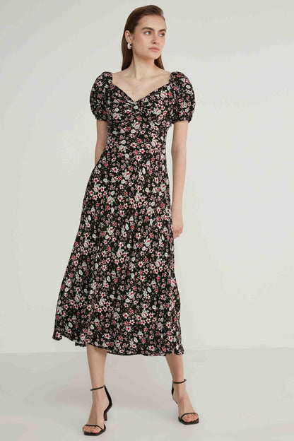 VISCOSE LOOSE SLEEVE FLOWER PATTERN DRESS