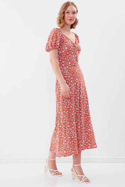 VISCOSE LOOSE SLEEVE FLOWER PATTERN DRESS