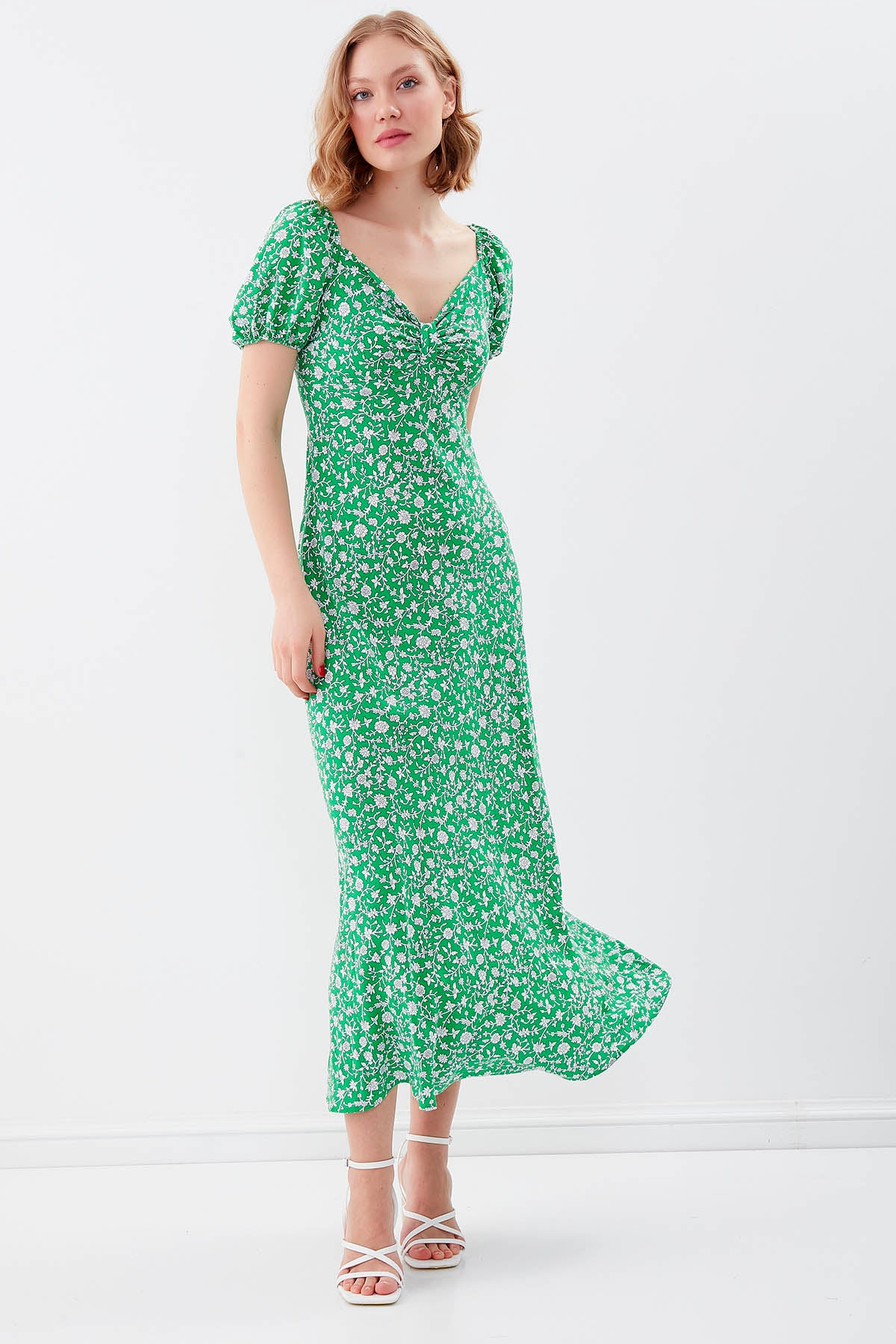 VISCOSE LOOSE SLEEVE FLOWER PATTERN DRESS