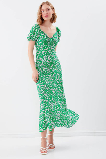 VISCOSE LOOSE SLEEVE FLOWER PATTERN DRESS