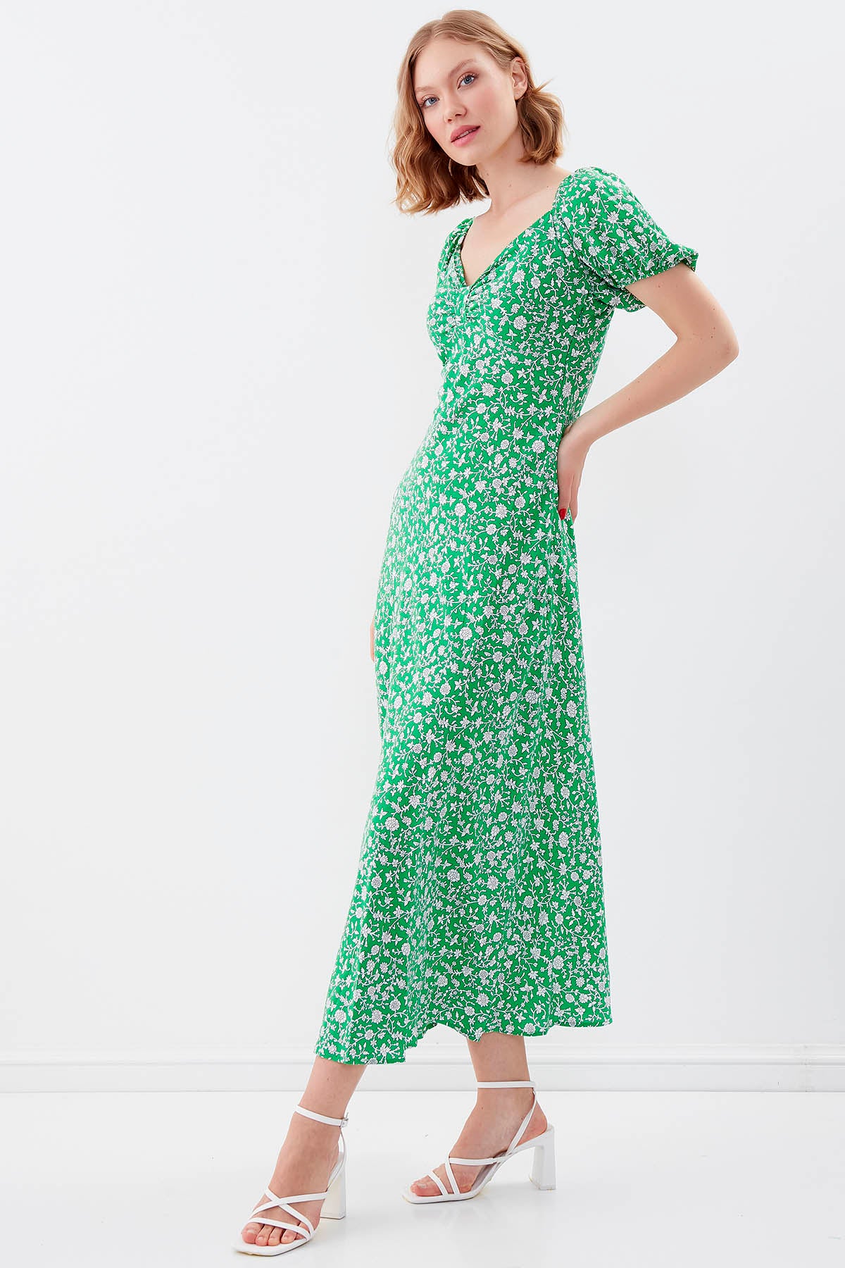VISCOSE LOOSE SLEEVE FLOWER PATTERN DRESS