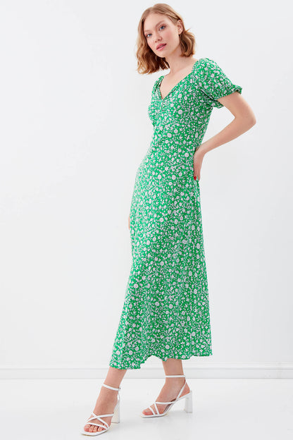 VISCOSE LOOSE SLEEVE FLOWER PATTERN DRESS