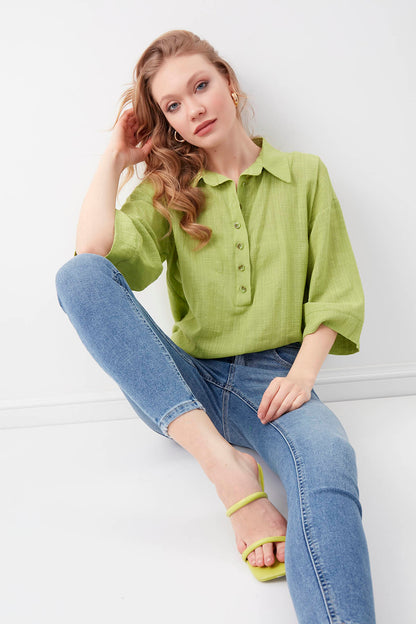 VISCOSE LINEN BUTTON BLOUSE