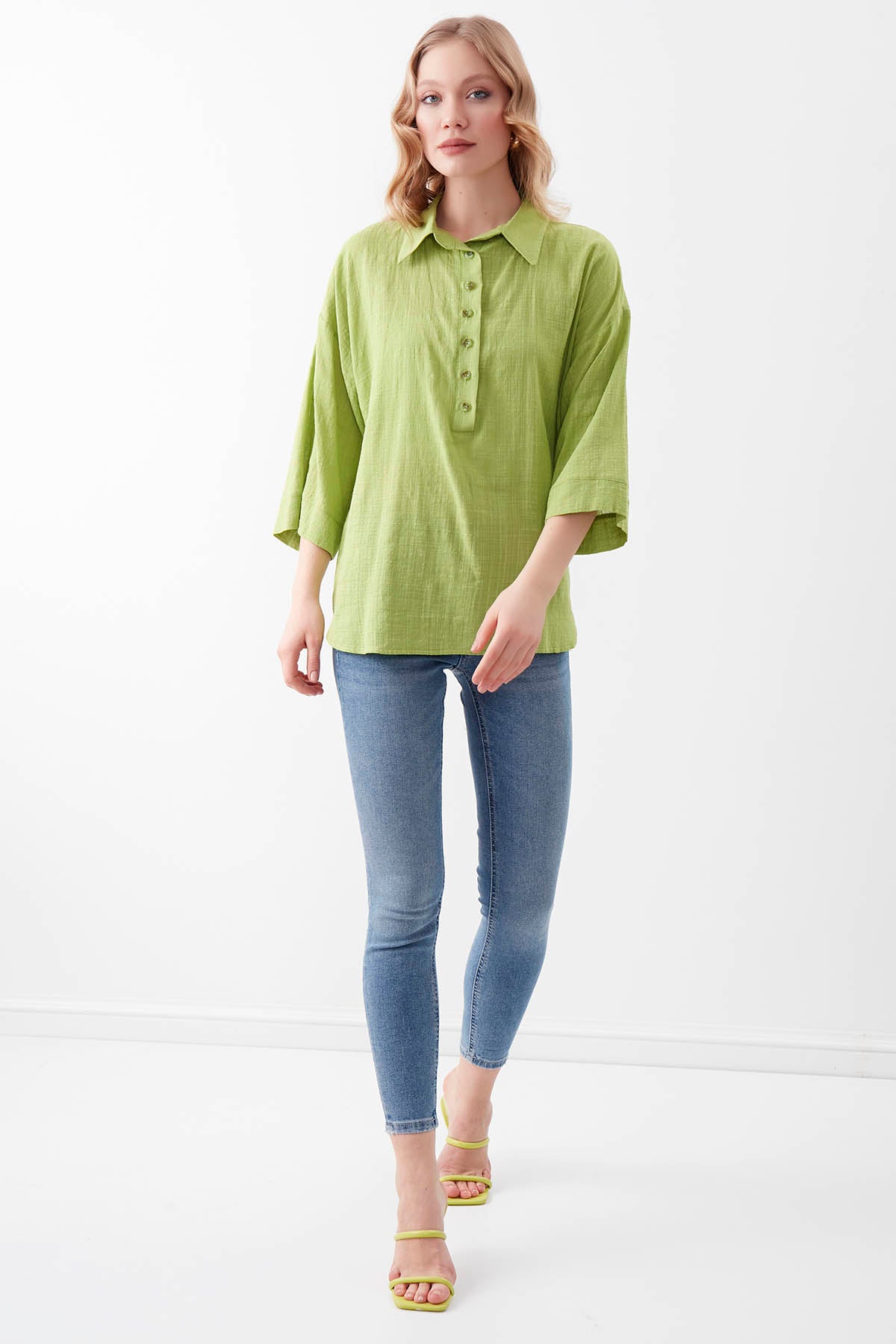 VISCOSE LINEN BUTTON BLOUSE