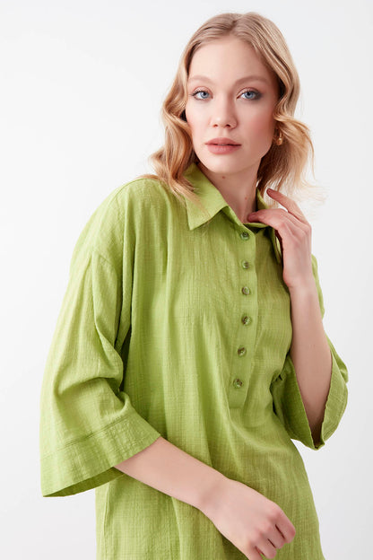 VISCOSE LINEN BUTTON BLOUSE