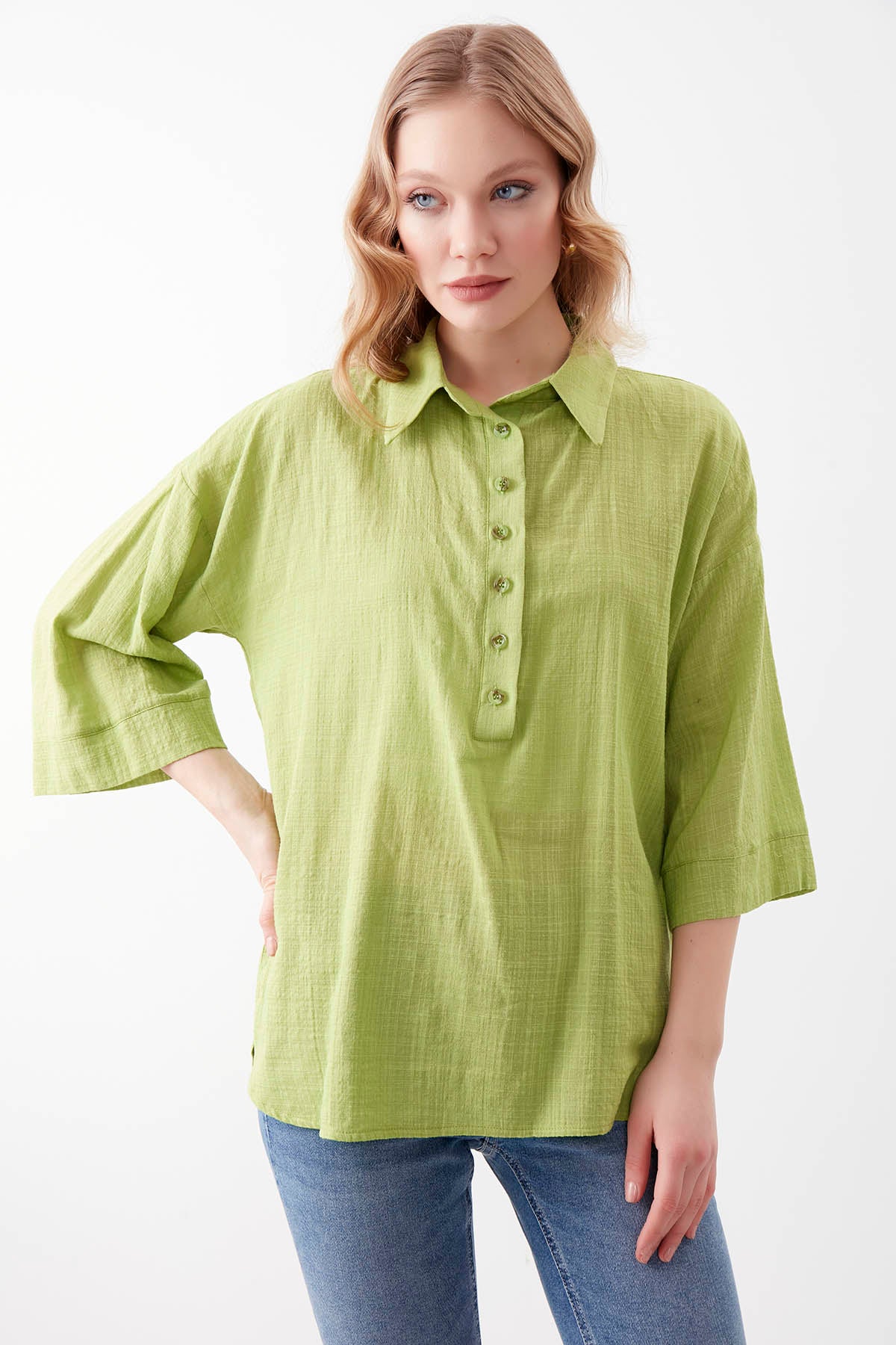 VISCOSE LINEN BUTTON BLOUSE