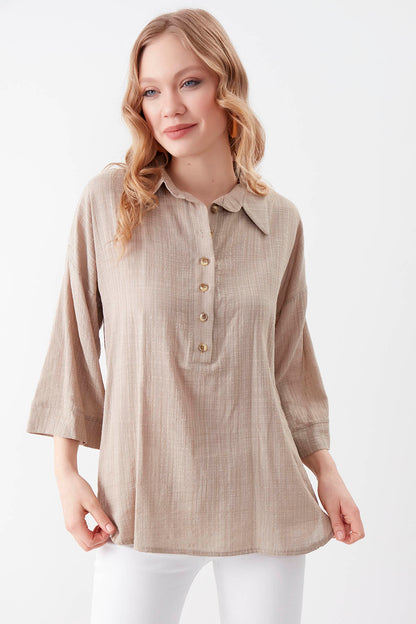 VISCOSE LINEN BUTTON BLOUSE