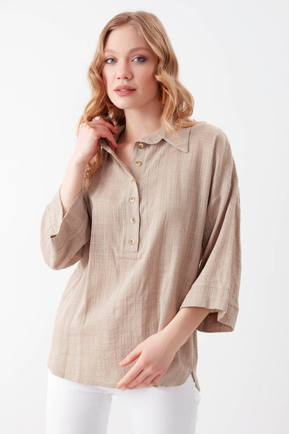 VISCOSE LINEN BUTTON BLOUSE