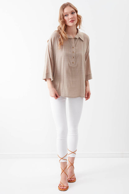 VISCOSE LINEN BUTTON BLOUSE