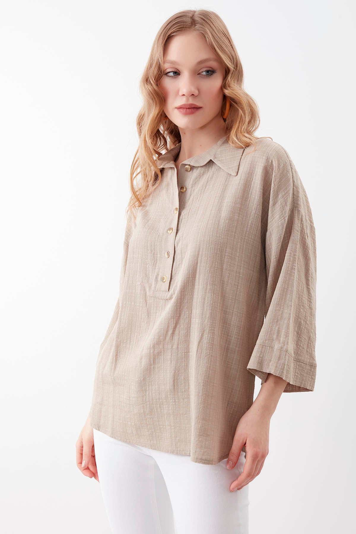 VISCOSE LINEN BUTTON BLOUSE