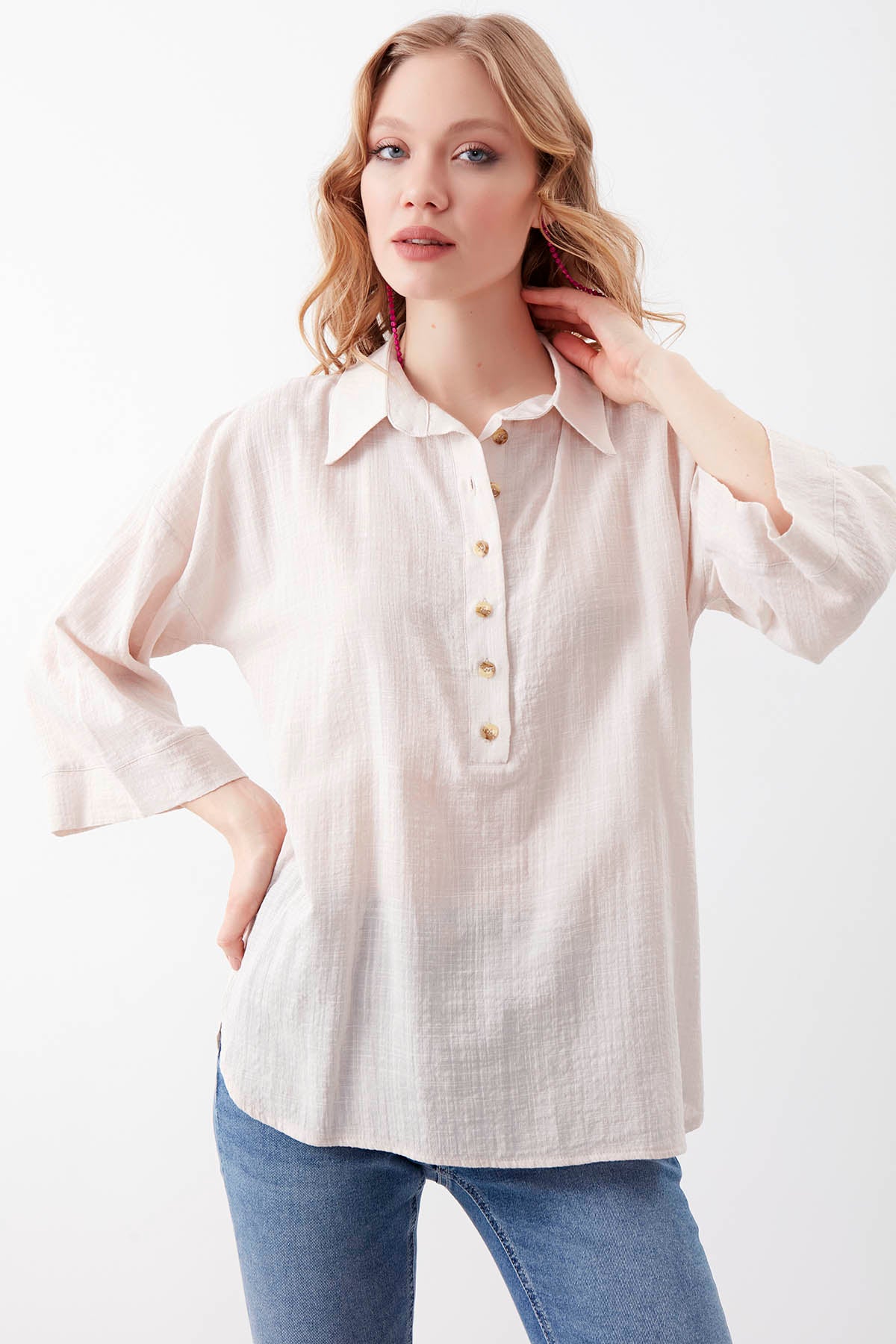 VISCOSE LINEN BUTTON BLOUSE