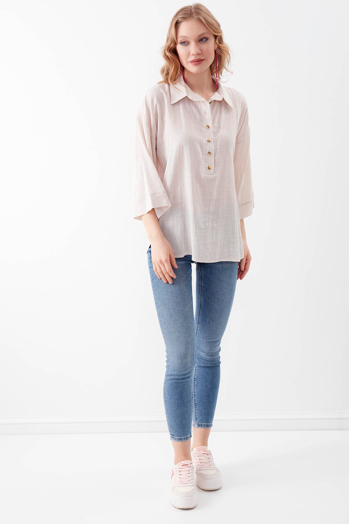 VISCOSE LINEN BUTTON BLOUSE