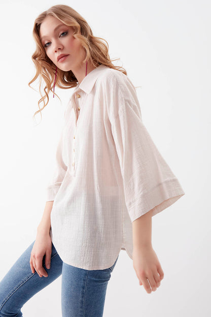 VISCOSE LINEN BUTTON BLOUSE