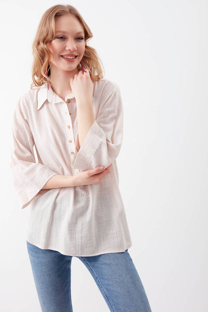 VISCOSE LINEN BUTTON BLOUSE