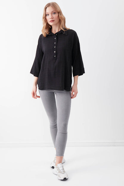 VISCOSE LINEN BUTTON BLOUSE