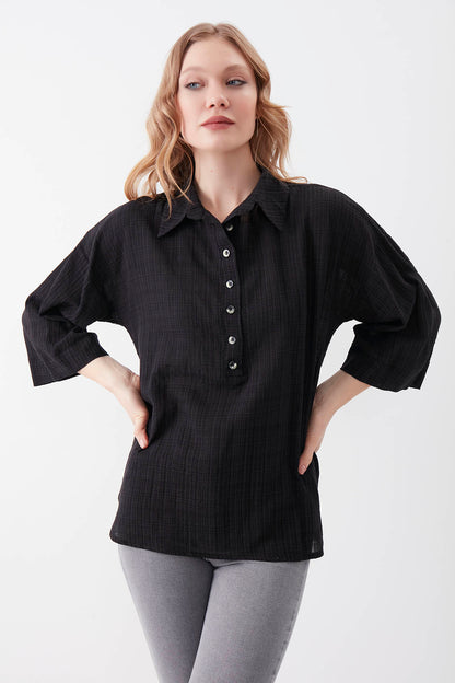VISCOSE LINEN BUTTON BLOUSE