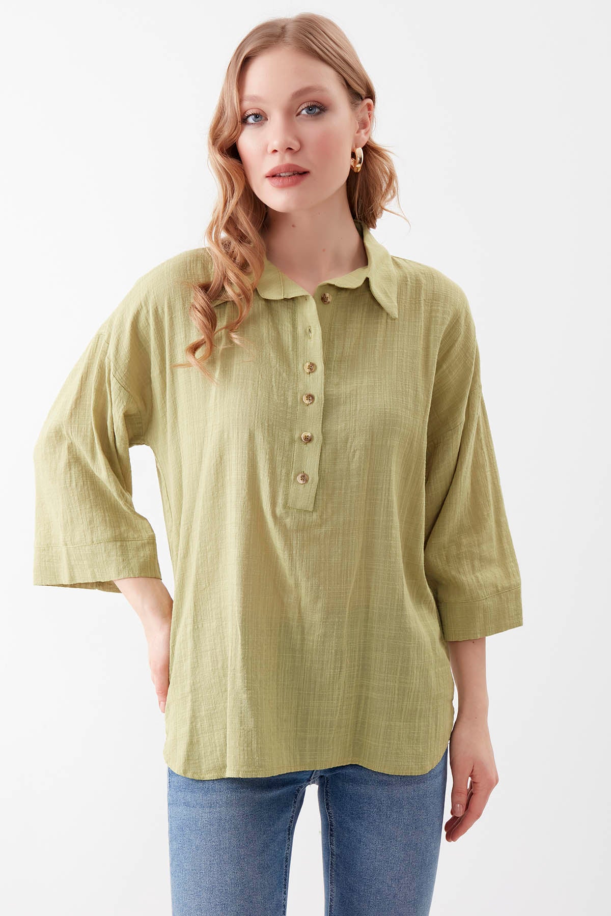 VISCOSE LINEN BUTTON BLOUSE