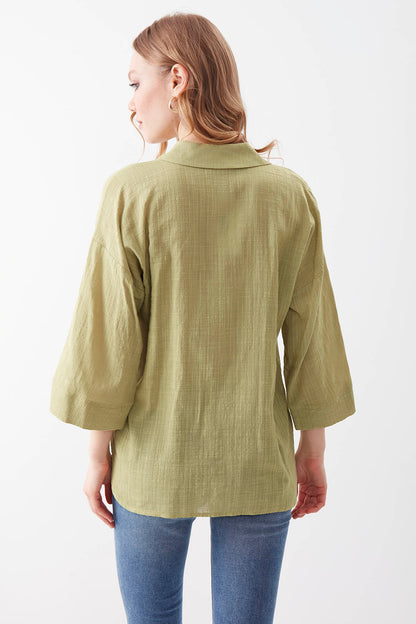 VISCOSE LINEN BUTTON BLOUSE