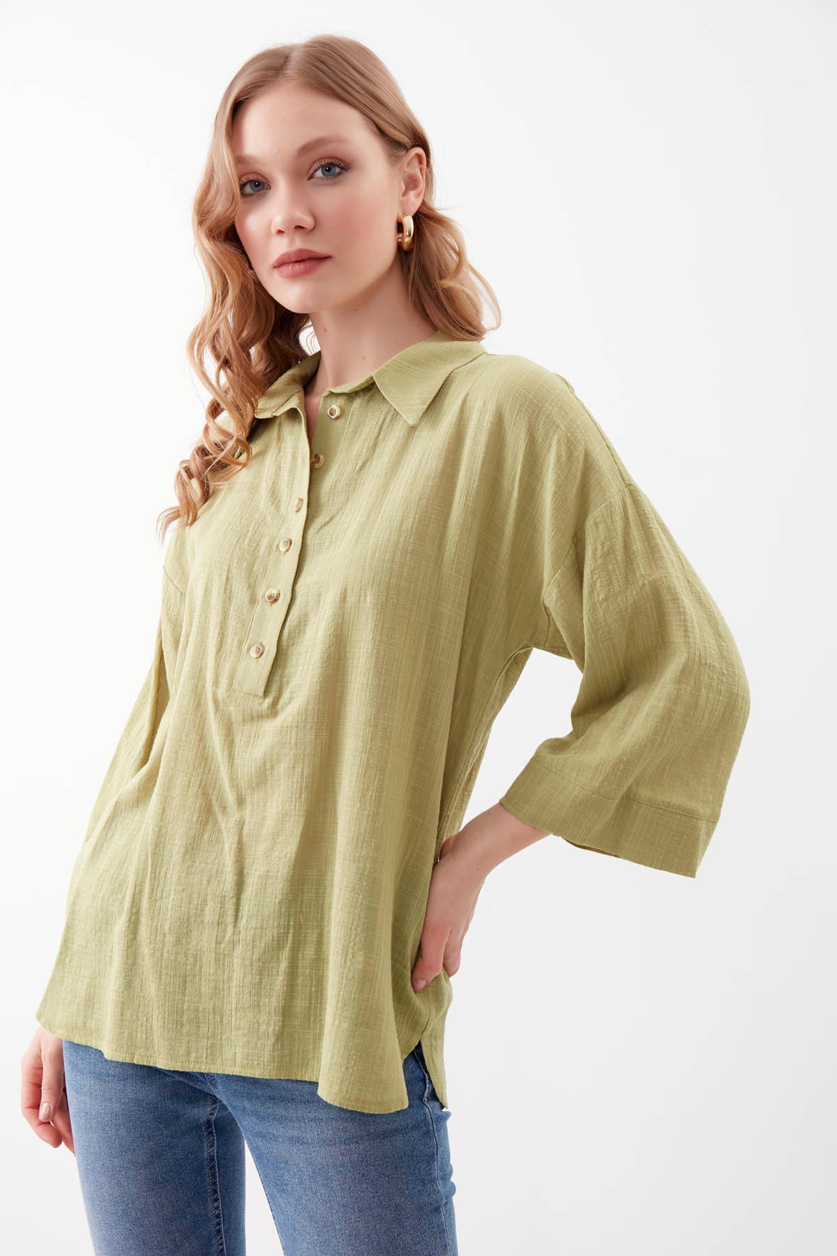 VISCOSE LINEN BUTTON BLOUSE