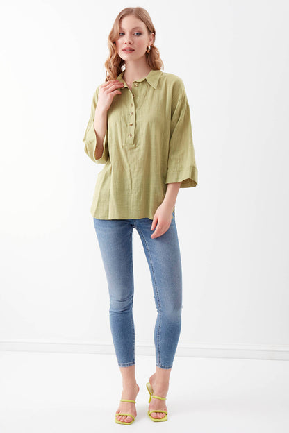 VISCOSE LINEN BUTTON BLOUSE