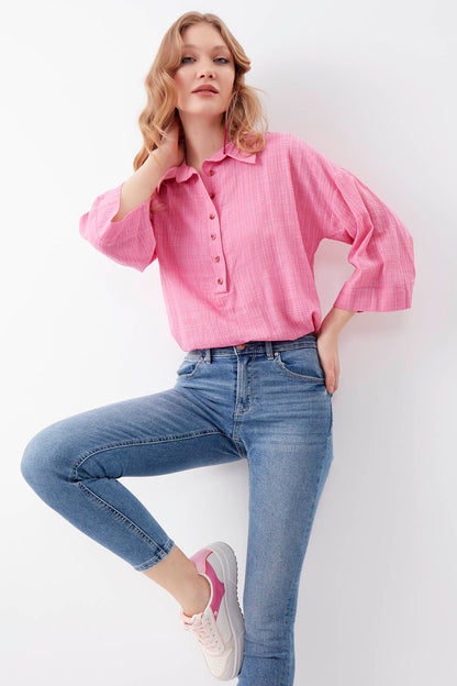 VISCOSE LINEN BUTTON BLOUSE