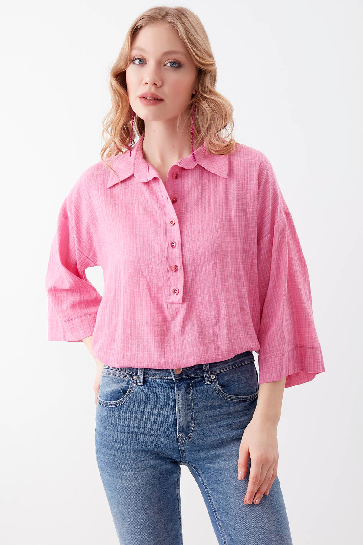 VISCOSE LINEN BUTTON BLOUSE
