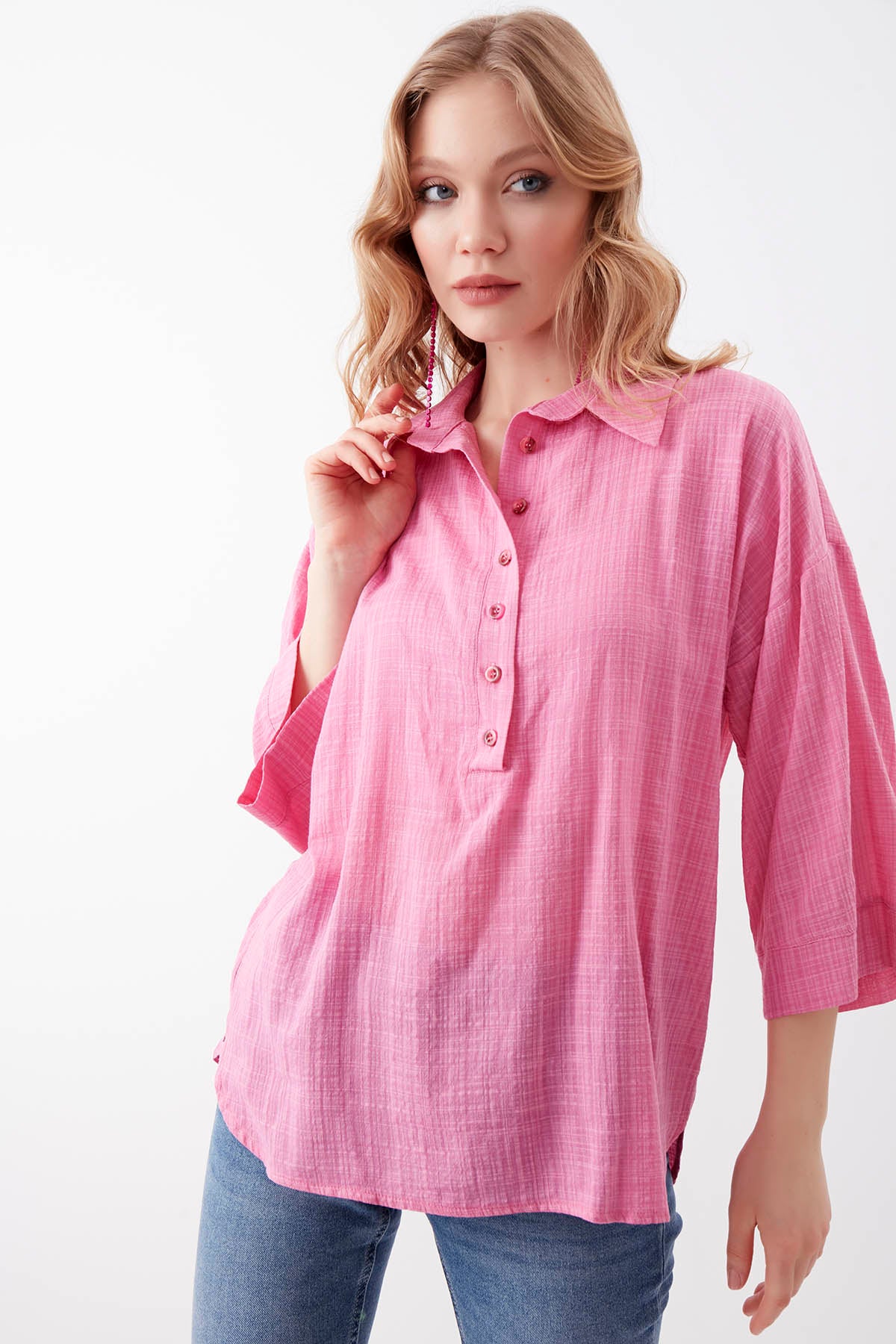 VISCOSE LINEN BUTTON BLOUSE
