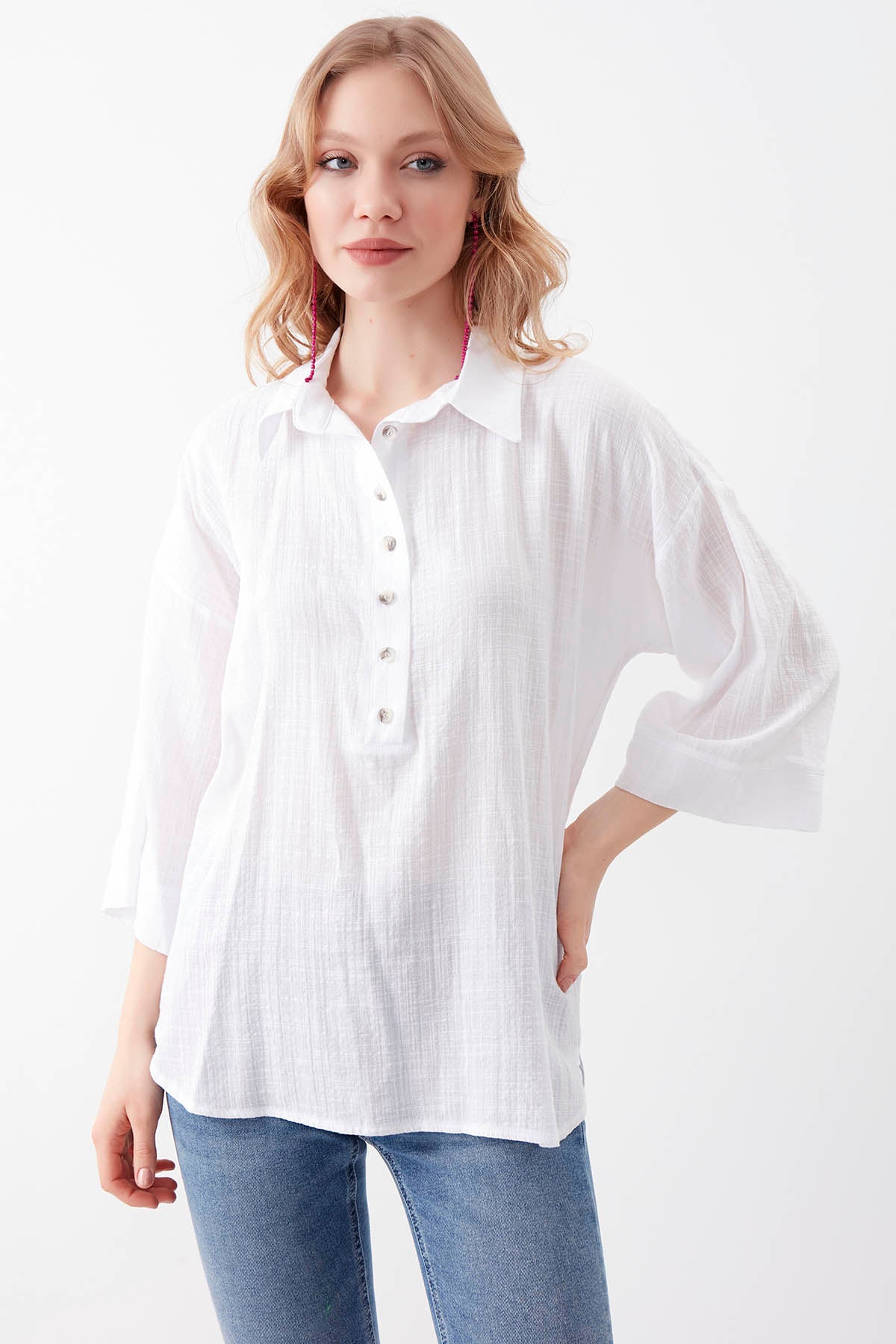 VISCOSE LINEN BUTTON BLOUSE