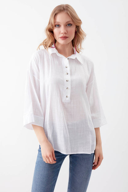VISCOSE LINEN BUTTON BLOUSE