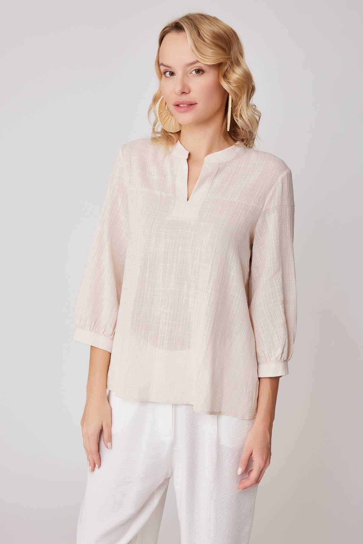 VISCOSE LINEN JUDGE COLLAR BLOUSE