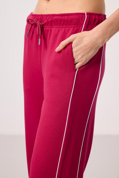 Viva Red Soft Textured Side Panel Detailed Wide Leg Women's Palazzo Trousers - 94669