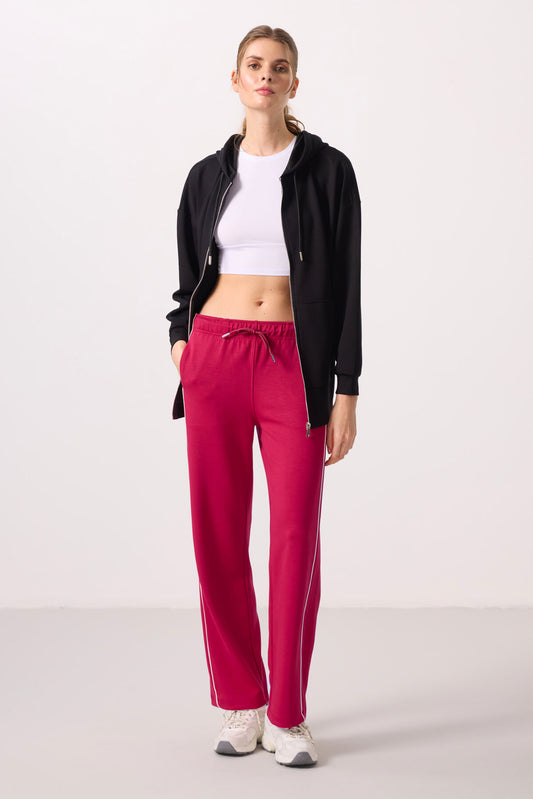 Viva Red Soft Textured Side Panel Detailed Wide Leg Women's Palazzo Trousers - 94669