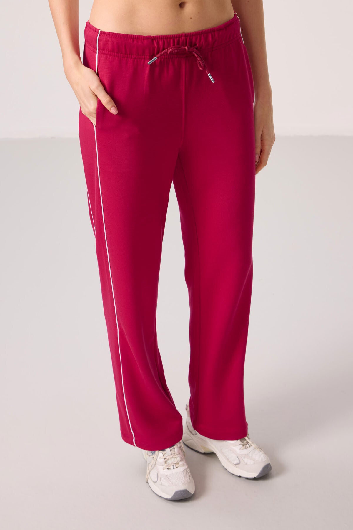Viva Red Soft Textured Side Panel Detailed Wide Leg Women's Palazzo Trousers - 94669