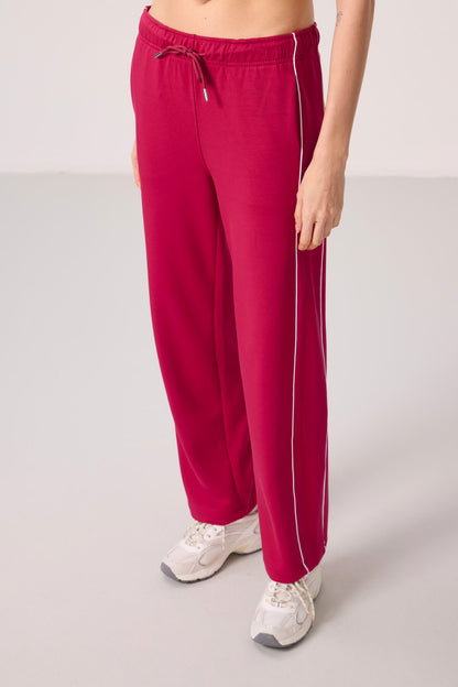 Viva Red Soft Textured Side Panel Detailed Wide Leg Women's Palazzo Trousers - 94669