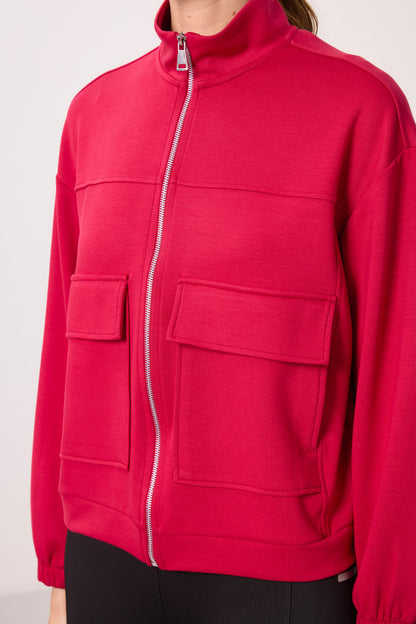 Viva Red Soft Textured High Collar Oversize Cargo Pocket Women's Crop Top Sweatshirt - 97301