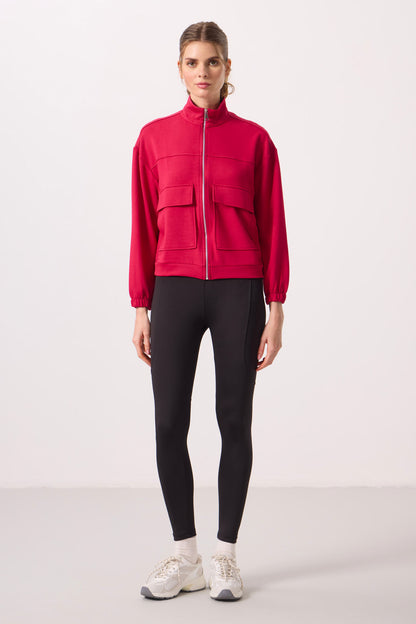 Viva Red Soft Textured High Collar Oversize Cargo Pocket Women's Crop Top Sweatshirt - 97301