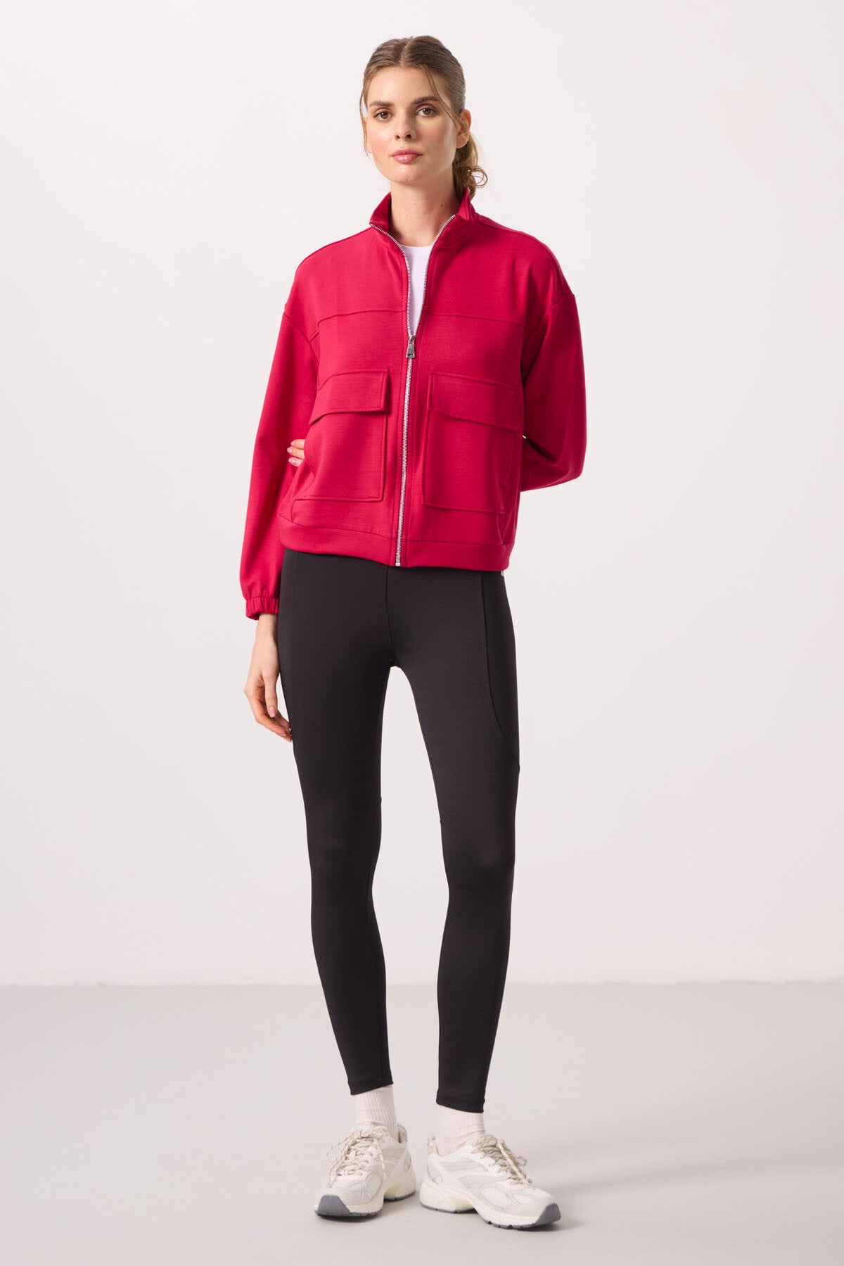Viva Red Soft Textured High Collar Oversize Cargo Pocket Women's Crop Top Sweatshirt - 97301