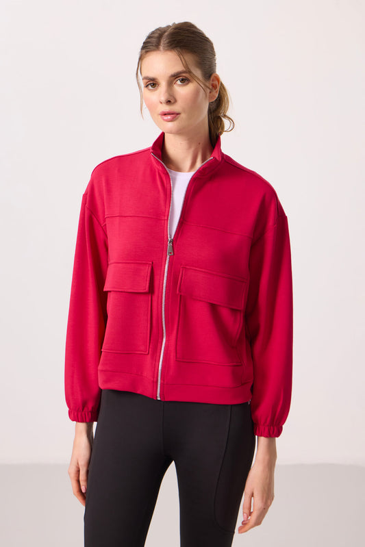 Viva Red Soft Textured High Collar Oversize Cargo Pocket Women's Crop Top Sweatshirt - 97301