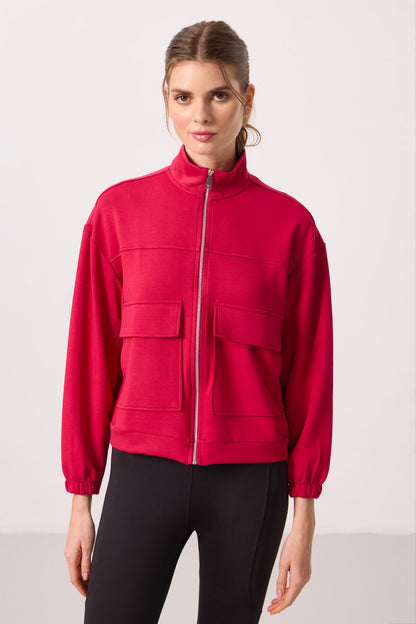 Viva Red Soft Textured High Collar Oversize Cargo Pocket Women's Crop Top Sweatshirt - 97301