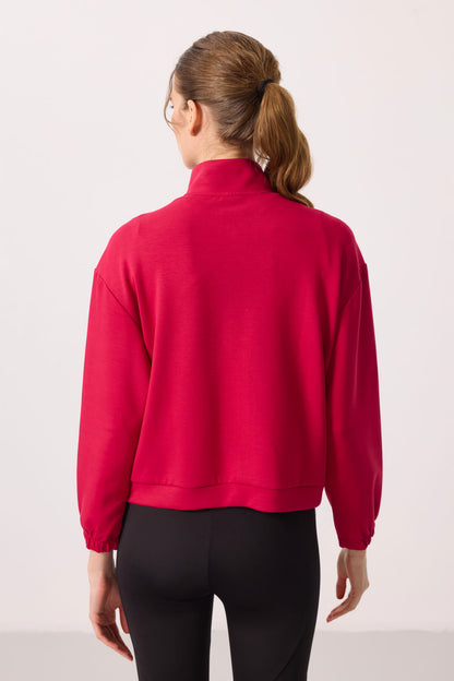 Viva Red Soft Textured High Collar Oversize Cargo Pocket Women's Crop Top Sweatshirt - 97301