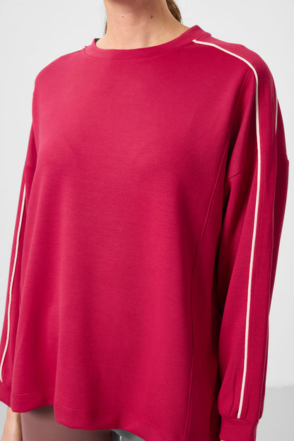 Viva Red Soft Textured O Collar Oversize Women's Tunic Sweatshirt - 97303