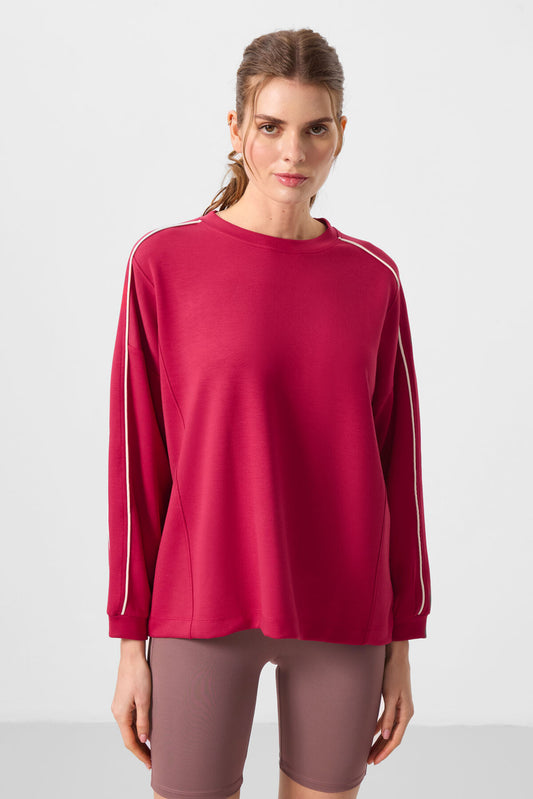 Viva Red Soft Textured O Collar Oversize Women's Tunic Sweatshirt - 97303