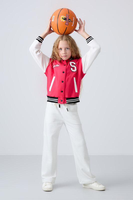 Viva Red Cotton Fluffy Lined Soft Textured Standard Fit Embroidered Girls' College Jacket - 75163