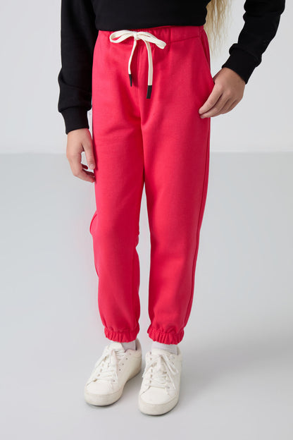 Viva Red Cotton Fleece-Lined Soft Textured Standard Fit Embroidered Girls' Tracksuit Bottom - 75158